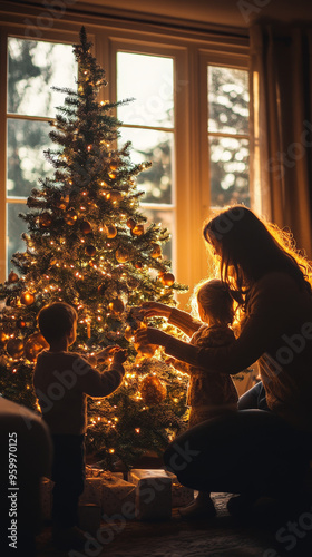 Wallpaper Mural A mother and her two children decorate a Christmas tree with twinkling lights. Torontodigital.ca
