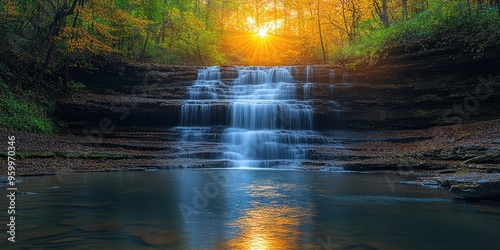 Cascading Waterfall in a Sunlit Forest