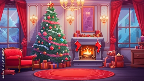 Christmas, Living room with Christmas tree and New Year decorated interior, anime style