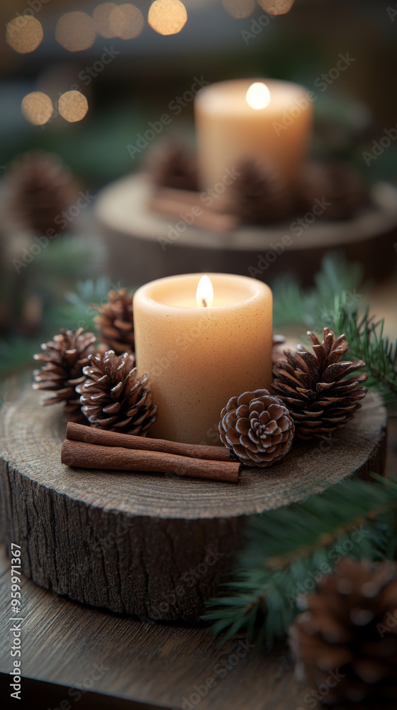 Two lit candles are nestled in pine cones and cinnamon sticks on a wood slice.