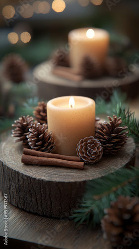 Two lit candles are nestled in pine cones and cinnamon sticks on a wood slice.