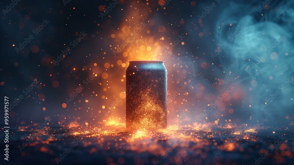 Glowing Soda Can with Sparkling Particles in a Mystical Atmosphere, Surrounded by Smoke and Light Effects, Capturing a Magical and Enigmatic Vibe Perfect for Advertising and Creative Projects Glowing Soda Can with Sparkling Particles in a Mystical Atmosphere, Surrounded by Smoke and Light Effects, Capturing a Magical and Enigmatic Vibe Perfect for Advertising and Creative Projects