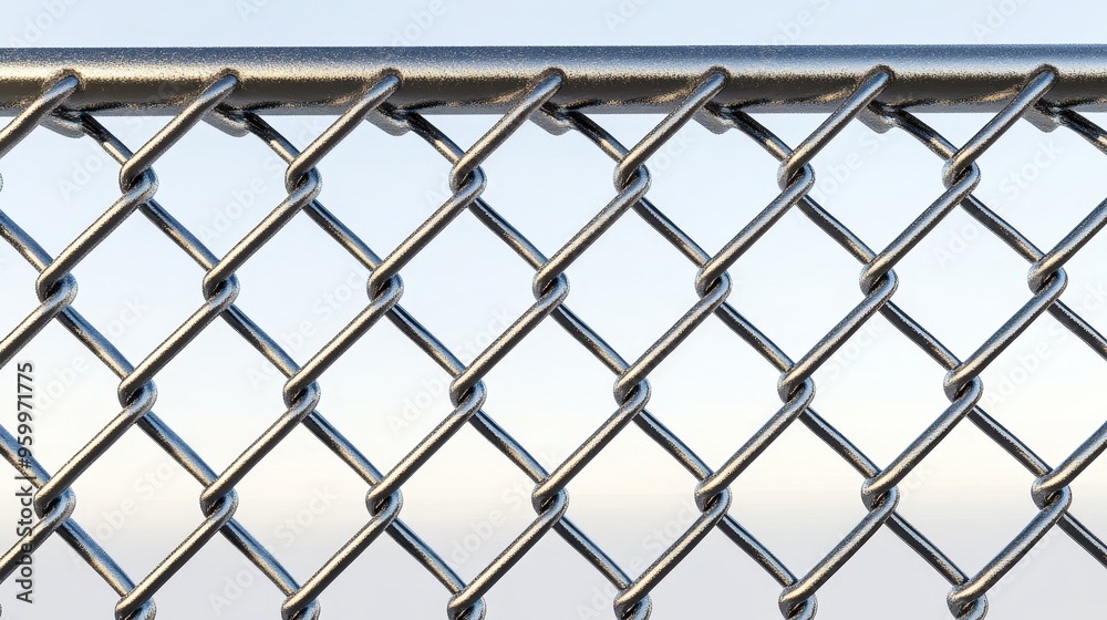 Fototapeta premium The wire mesh fence captured up close, with detailed metal chains forming patterns in the background, symbolizes the potential for restriction and freedom.