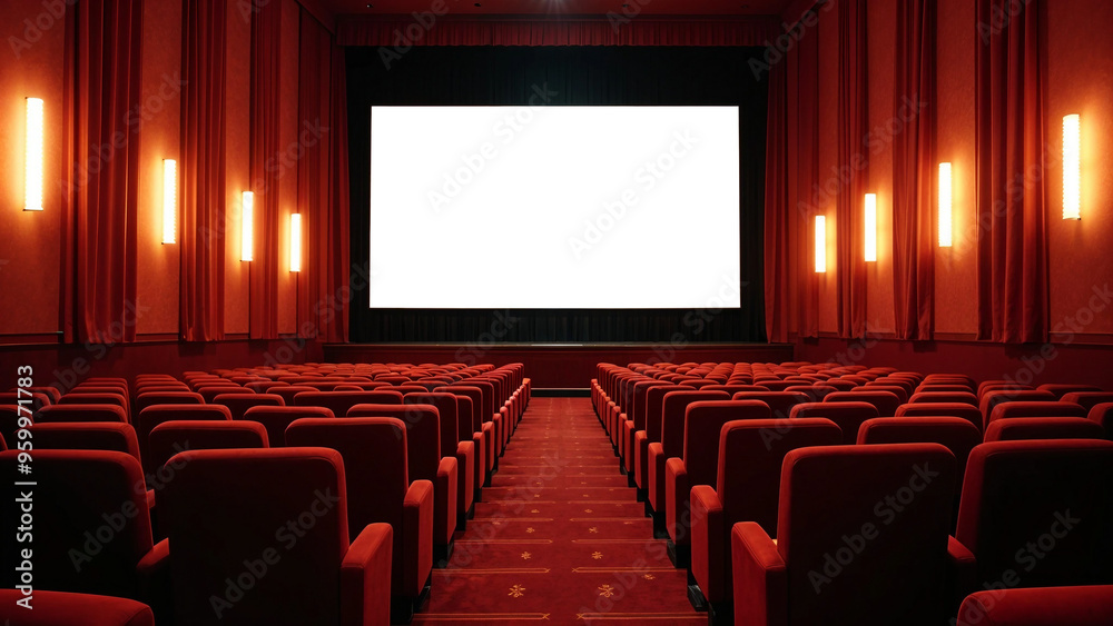 Empty Movie Theater with Red Seats and Blank Screen Empty Movie Theater with Red Seats and Blank Screen