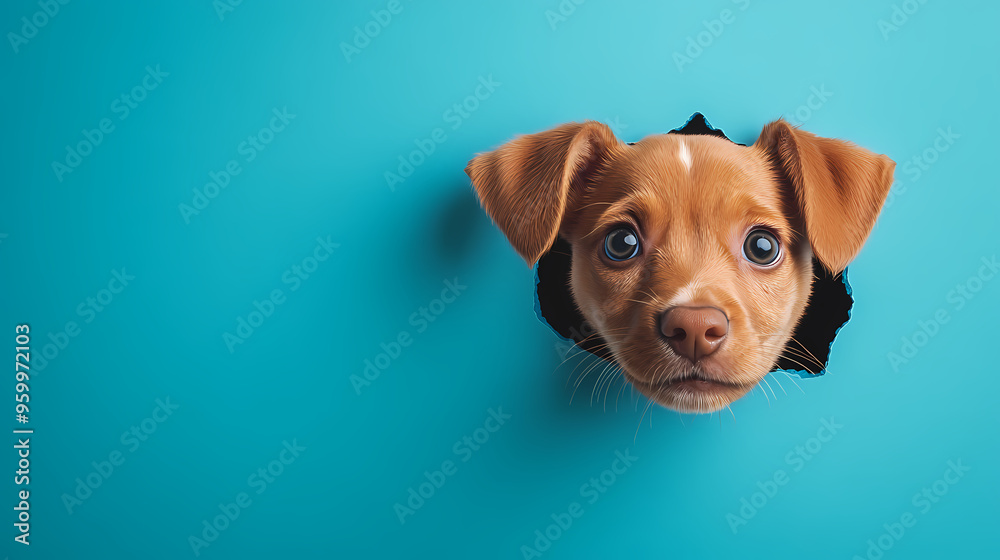 Curious expression of a puppy through a blue background Curious expression of a puppy through a blue background