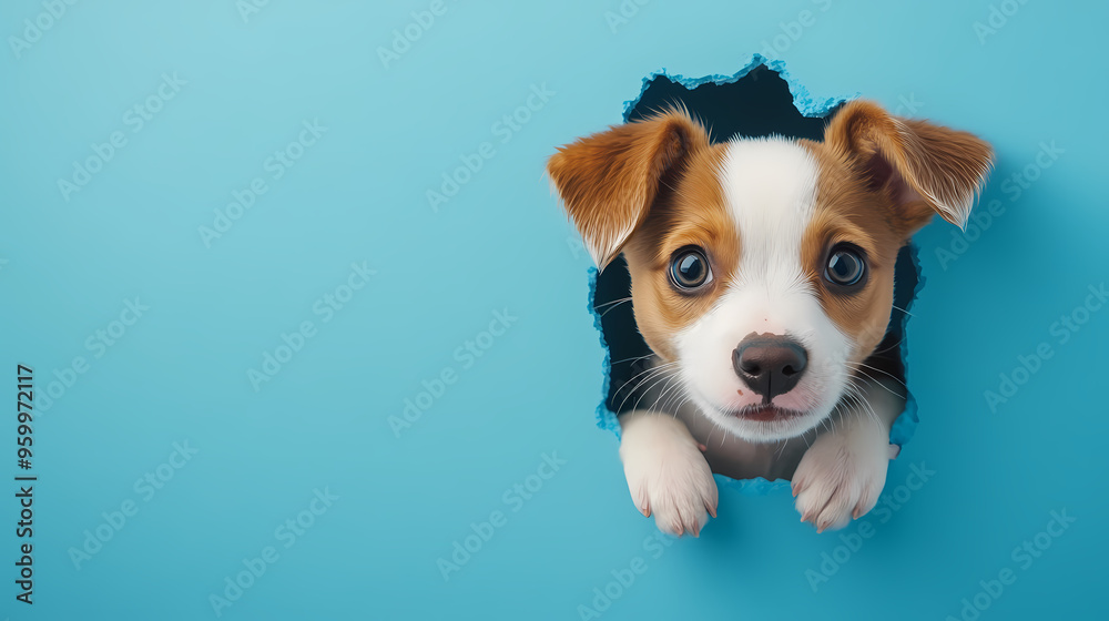 Curious expression of a puppy through a blue background Curious expression of a puppy through a blue background
