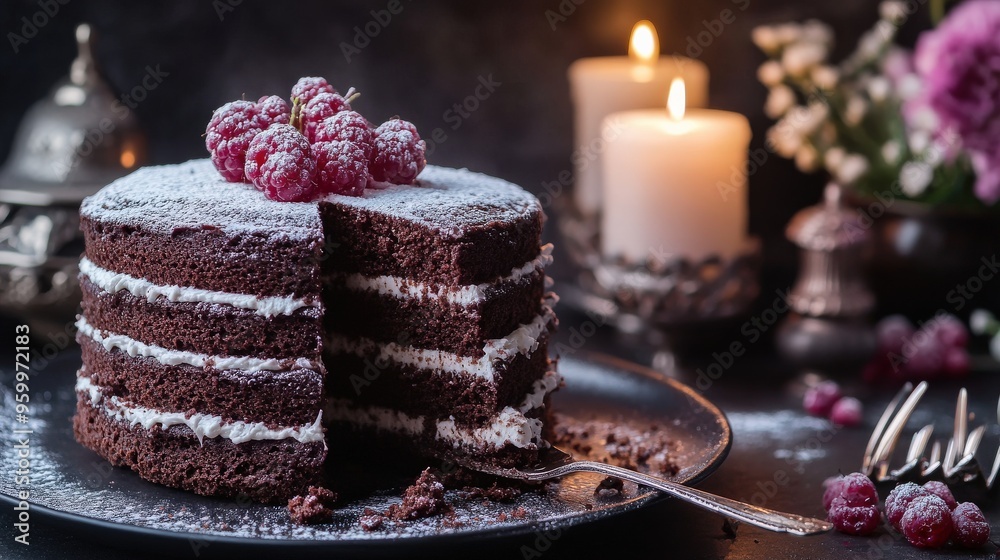 This luscious vegan chocolate cake is beautifully layered, featuring a creamy frosting and topped with fresh raspberries, perfect for a delightful treat This luscious vegan chocolate cake is beautifully layered, featuring a creamy frosting and topped with fresh raspberries, perfect for a delightful treat