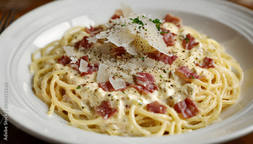 A bowl of spaghetti carbonara with creamy sauce, crispy pancetta, and freshly grated Parmesan, garnished with black pepper and a sprinkle of chopped parsley, served on a classic white plate. A bowl of spaghetti carbonara with creamy sauce, crispy pancetta, and freshly grated Parmesan, garnished with black pepper and a sprinkle of chopped parsley, served on a classic white plate.