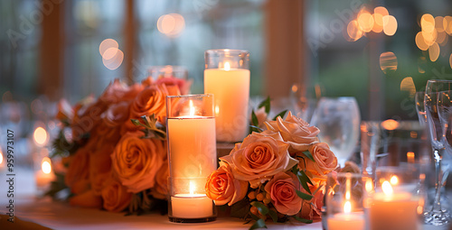  table is covered with a white tablecloth and is decorated with orange roses and candles. There are two tall glass vases on the table. photo