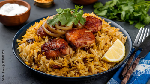 A plate of chicken biryani with fragrant basmati rice, marinated chicken pieces, and caramelized onions, garnished with fresh cilantro and a wedge of lemon.