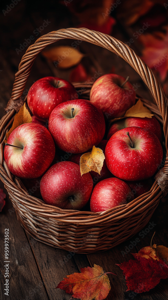 A wicker basket filled with bright red apples and autumn leaves. A wicker basket filled with bright red apples and autumn leaves.
