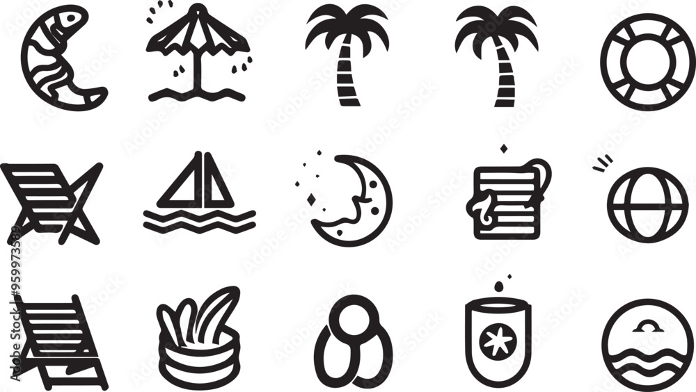 Summer icon set black . It includes season, holiday, vacation, travel, tourism, and more icons. Editable Vector Stroke. with white background Summer icon set black . It includes season, holiday, vacation, travel, tourism, and more icons. Editable Vector Stroke. with white background