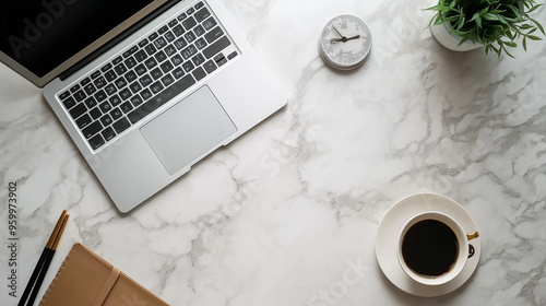 Minimalist Workspace with Laptop Coffee and Essential Office Supplies