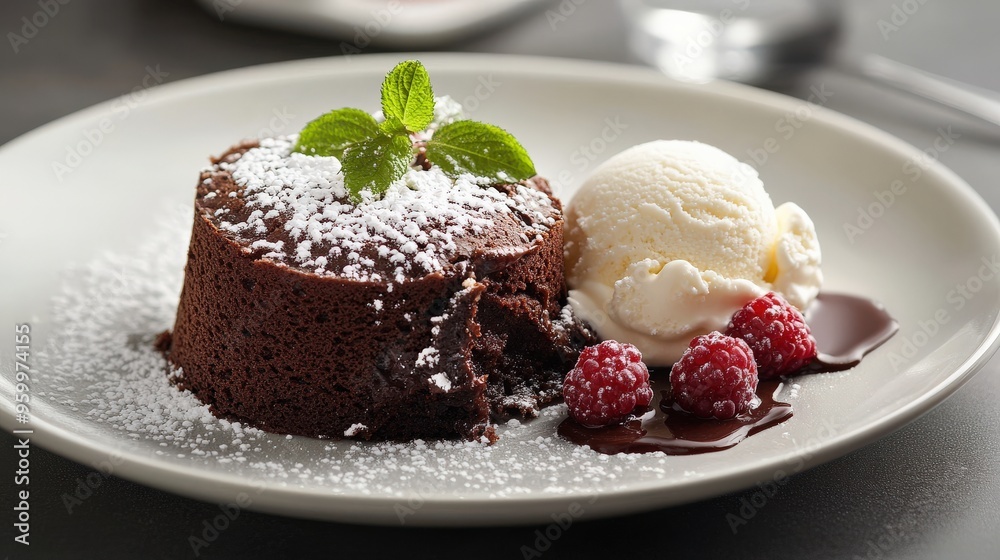 A rich, warm vegan chocolate dessert sits on a white plate, topped with powdered sugar and garnished with mint, accompanied by dairy-free ice cream and raspberries A rich, warm vegan chocolate dessert sits on a white plate, topped with powdered sugar and garnished with mint, accompanied by dairy-free ice cream and raspberries