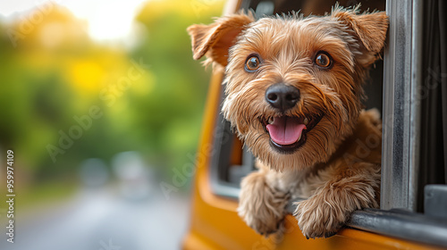 Cute dog looking out of the car window. Travel concept. photo