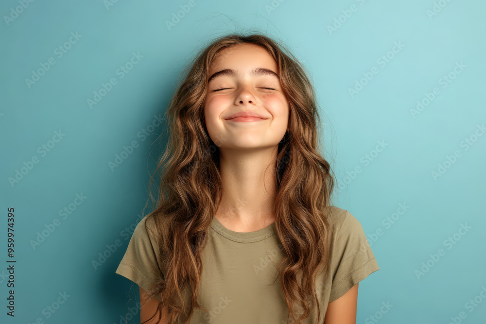 Girl Making a Wish With Closed Eyes Against Blue Background Girl Making a Wish With Closed Eyes Against Blue Background