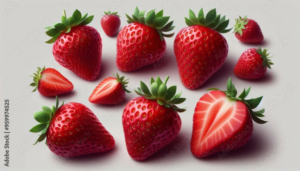Set of red strawberry with leaf. Plain background. Healthy fruit food. Set of red strawberry with leaf. Plain background. Healthy fruit food.