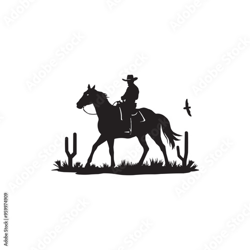 flat design cowboy silhouette illustration on solid white background. vector illustration of rodeo