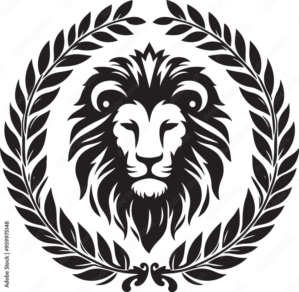 lion laurel wreath,elegant vector style,silhouette vector,black and white color lion laurel wreath,elegant vector style,silhouette vector,black and white color