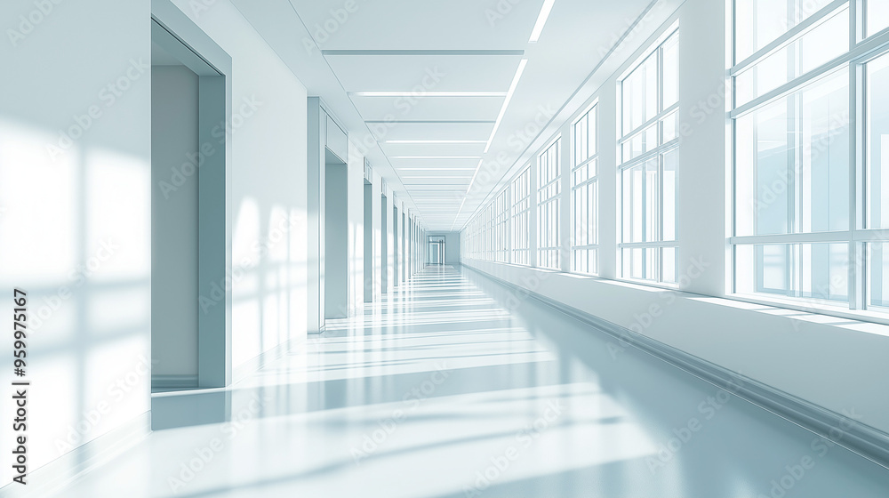 A bright, empty corridor in a modern hospital or healthcare facility. The walls are painted in a calming, neutral color, and the floor is a clean, easy-to-maintain material. Large windows