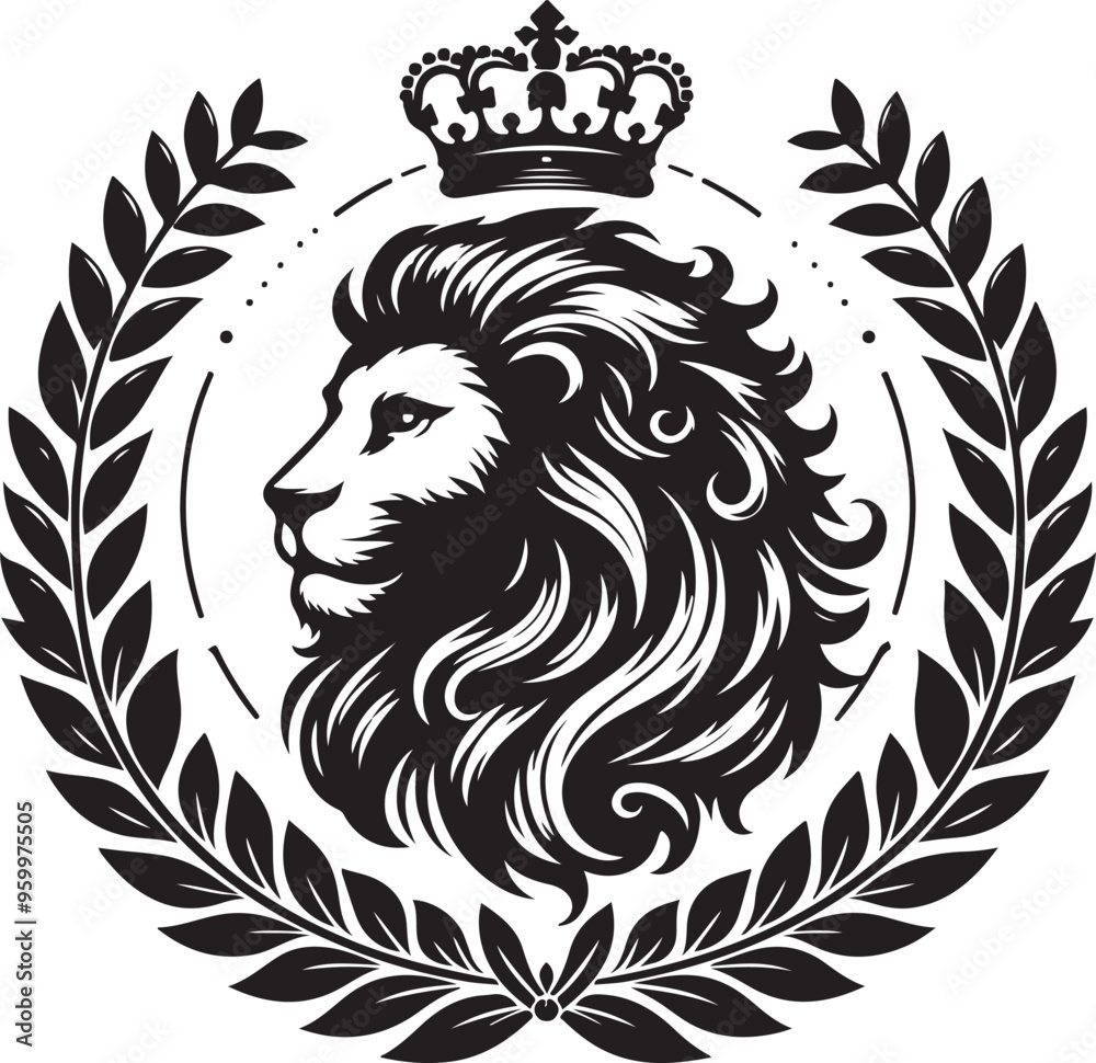 lion laurel wreath,elegant vector style,silhouette vector,black and white color lion laurel wreath,elegant vector style,silhouette vector,black and white color