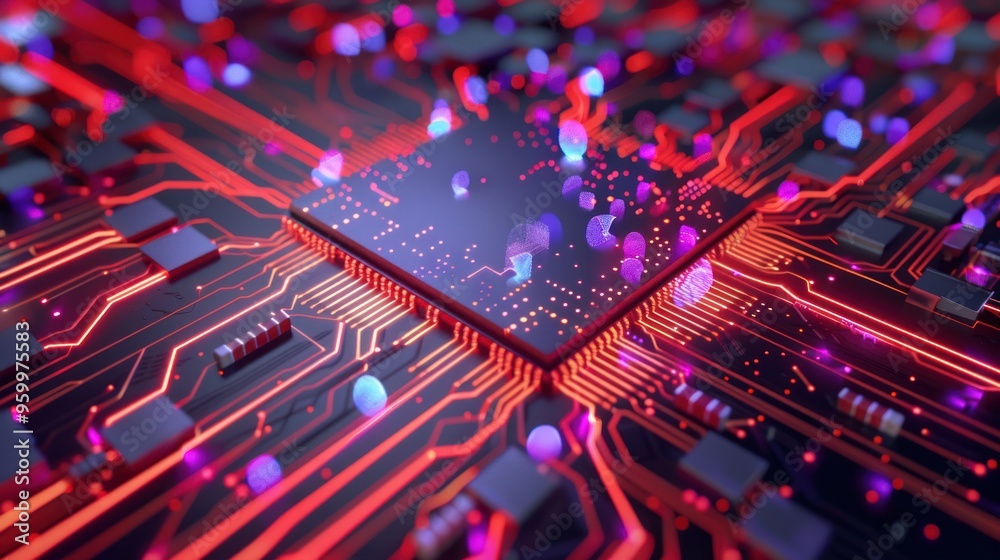 Circuit Board with Glowing Red Lines and Digital Particles Stock ...