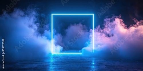 Futuristic Neon square in Stormy Clouds Night Sky