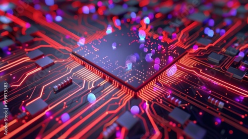 Circuit Board with Glowing Red Lines and Digital Particles