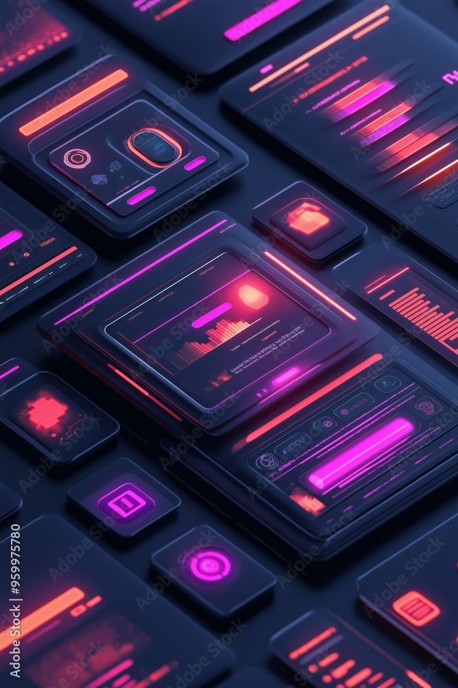 Modern UI UX digital interface with 3D data visualization neon template. futuristic technology background. Modern UI UX digital interface with 3D data visualization neon template. futuristic technology background.