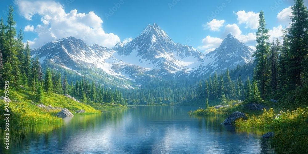 Tranquil Mountain Lake with Snow-capped Peaks and Lush Forest Tranquil Mountain Lake with Snow-capped Peaks and Lush Forest