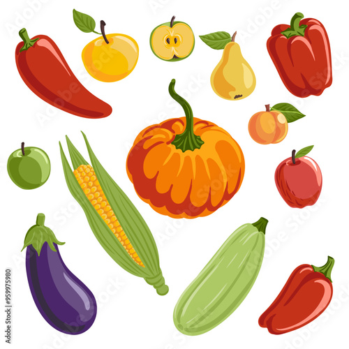 vector drawing set of vegetables , orange pumpkin, red peppers, eggplant, corn cob and apples, thanksgiving day symbol, hand drawn illustration