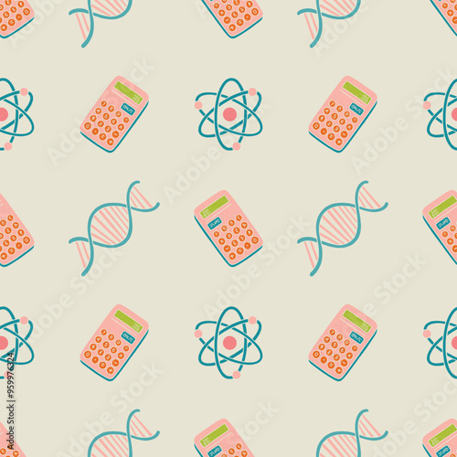 Seamless Retro Linocut Pattern for Back to School. Featuring Illustrations of atom, calculator, DNA. Beige, pink, blue colors. Groovy, Colorful, Playful Design with Positive, Joyful Vibes. Perfect for