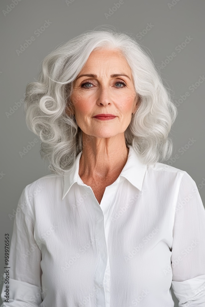 Stylish senior woman with soft silver curls, wearing a white shirt, showcasing vibrant aging and a positive outlook on life Stylish senior woman with soft silver curls, wearing a white shirt, showcasing vibrant aging and a positive outlook on life