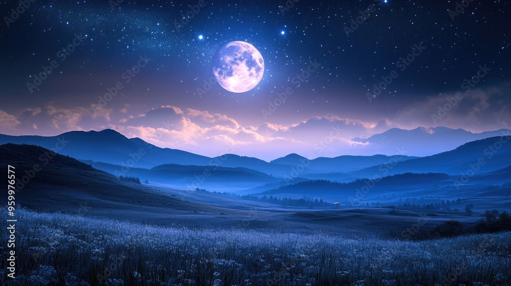 A full moon illuminates a star-filled sky, casting a serene glow over distant mountains at twilight, creating a peaceful night landscape. A full moon illuminates a star-filled sky, casting a serene glow over distant mountains at twilight, creating a peaceful night landscape.