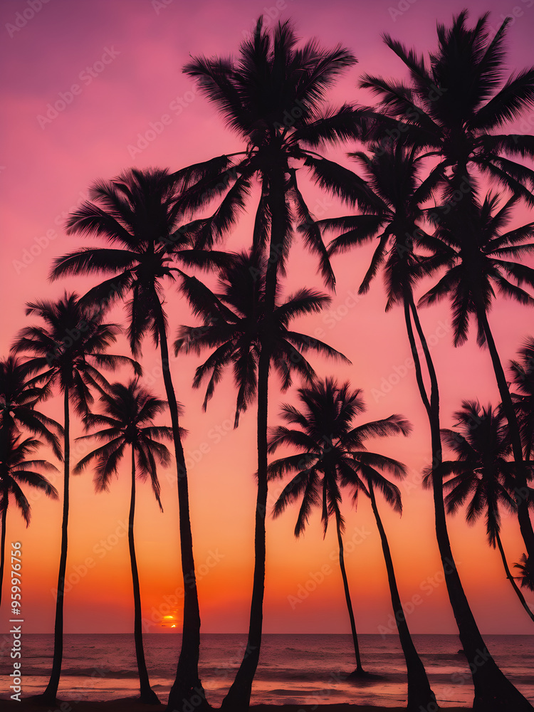 Obraz premium Coconut trees silhouetted against a sunset sky with pink and orange hues