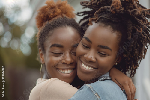 An African American Woman Embracing Her Smiling Teen Daughter, the Concept of Family Love and Single Parent Child Relationship. photo
