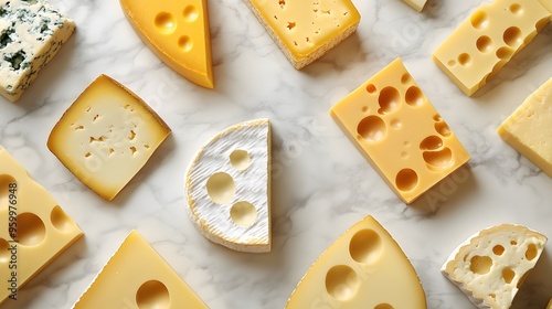 Assorted cheeses arranged in a geometric pattern on a marble background