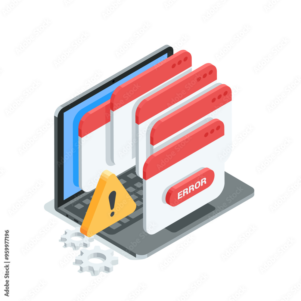 Isometric vector laptop and error popup window, in color on white background, critical system error or virus