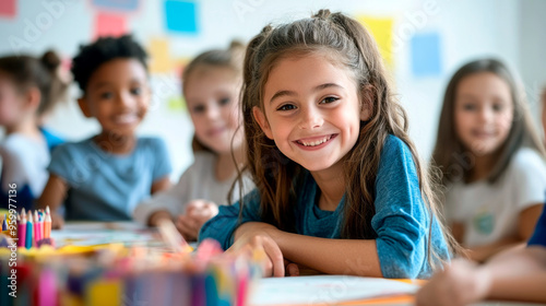 Happy smiling kids are doing arts and crafts in day care centre together. Education concept