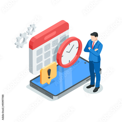 isometric vector business man standing near smartphone and calendar icon with clock, in color on white background, business schedule or time management