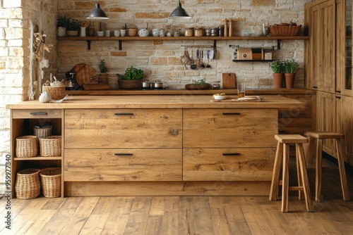 Rustic Kitchen Island with Wooden Cabinets and Stools