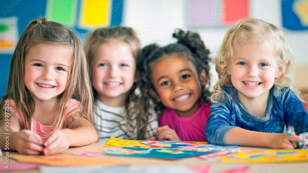 Happy smiling kids are doing arts and crafts in day care centre together. Education concept Happy smiling kids are doing arts and crafts in day care centre together. Education concept