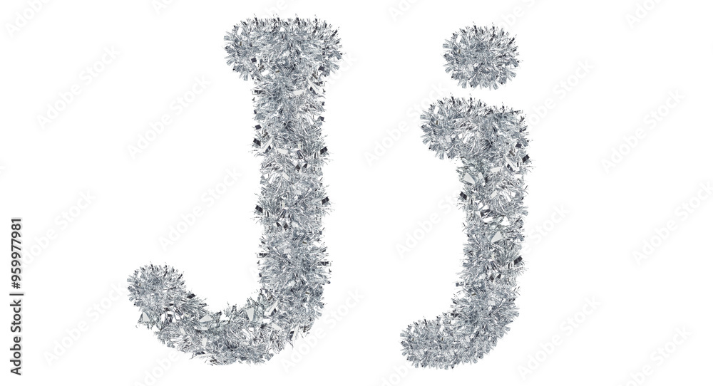 letter J made from New Year's tinsel, isolated Christmas tinsel, tinsel garland letter J made from New Year's tinsel, isolated Christmas tinsel, tinsel garland