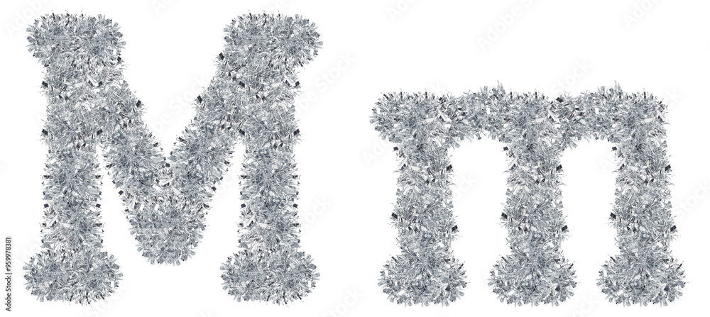 letter M made from New Year's tinsel, isolated Christmas tinsel, tinsel garland letter M made from New Year's tinsel, isolated Christmas tinsel, tinsel garland