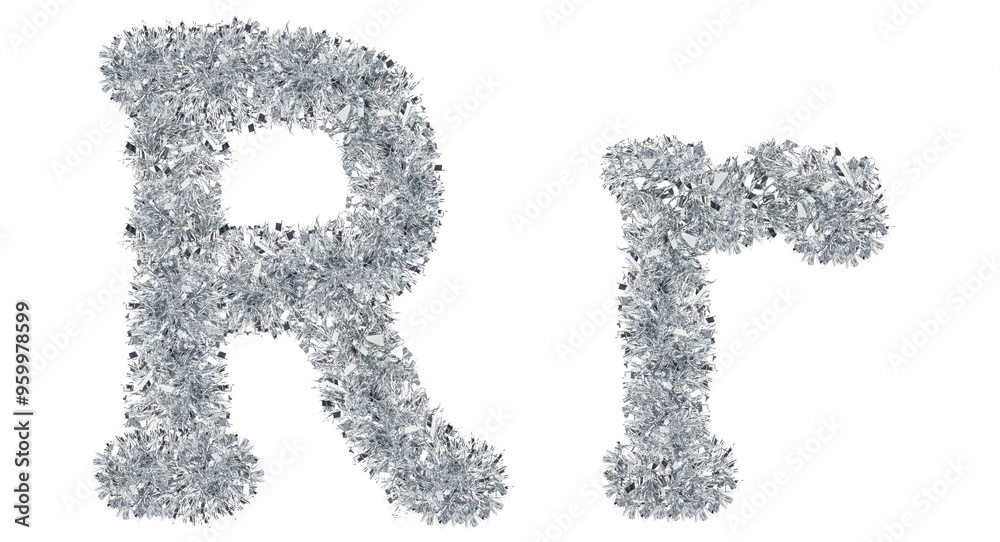 letter R made from New Year's tinsel, isolated Christmas tinsel, tinsel garland letter R made from New Year's tinsel, isolated Christmas tinsel, tinsel garland