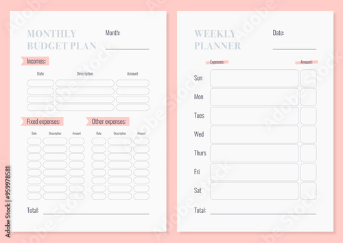 Monthly and weekly budget planner. Income and expense tracking form. Vector.