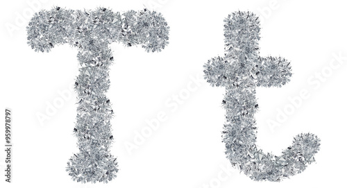 letter T made from New Year's tinsel, isolated Christmas tinsel, tinsel garland