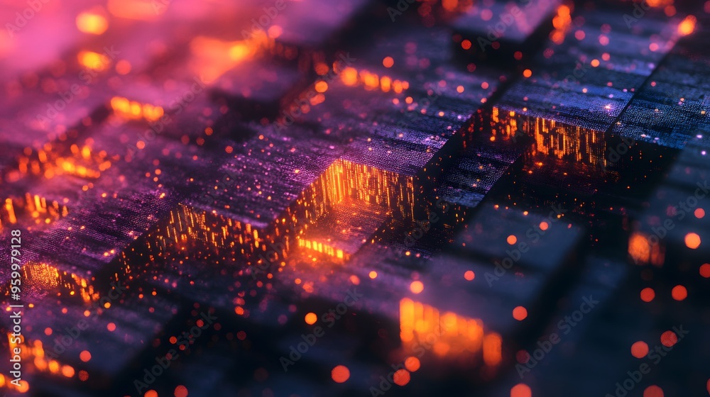 Abstract Digital Technology Background Glowing Orange and Purple Cubes Abstract Digital Technology Background Glowing Orange and Purple Cubes
