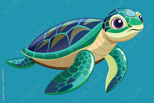 A cartoon turtle with blue eyes and a vibrant green shell, showcasing a friendly and whimsical expression.