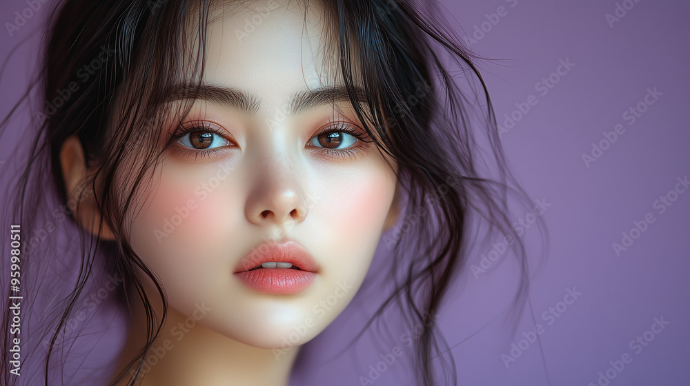 Korean woman with natural makeup poses in front of a soft purple background, showcasing her serene expression and healthy skin Korean woman with natural makeup poses in front of a soft purple background, showcasing her serene expression and healthy skin